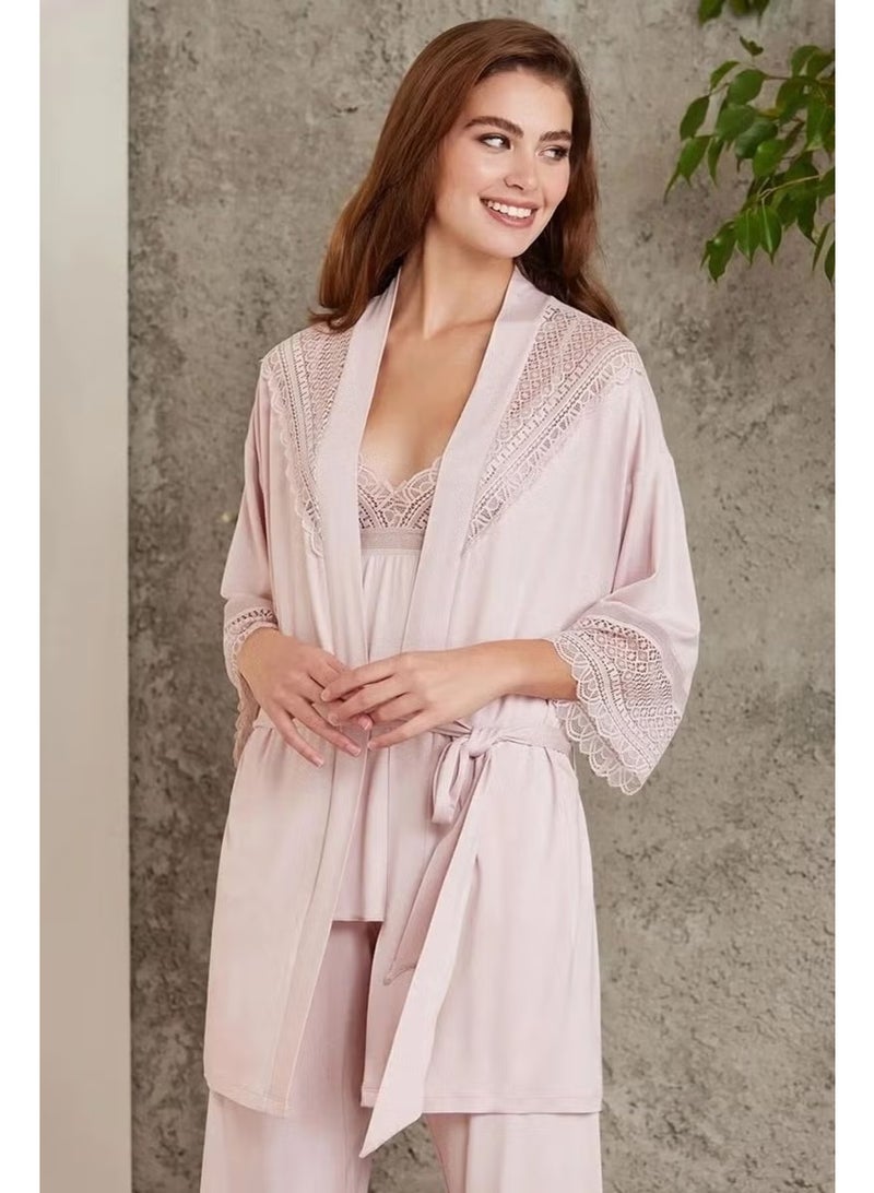 pierre cardin 2820 Women's Combed Cotton Lace Pajama Set with Dressing Gown - Powder - Image 1
